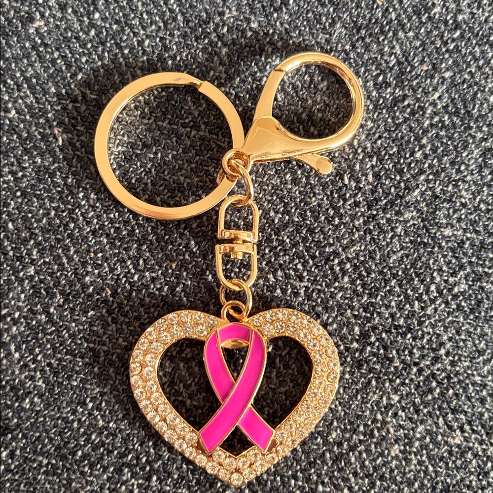 BREAST CANCER AWARENESS Gold and Pink Heart Bag Charm/Keychain with Ribbon - Picture 3 of 6